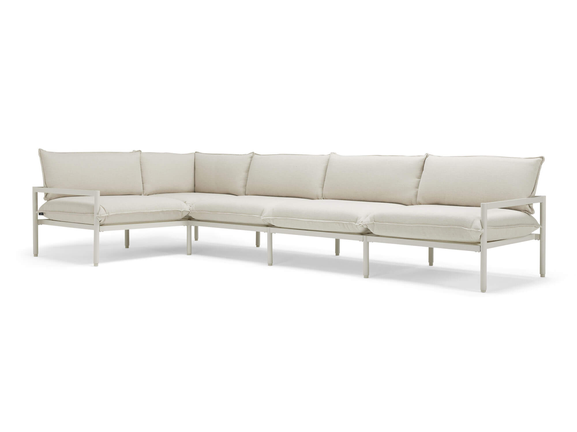 Front angle view of white 5-piece outdoor sectional sofa